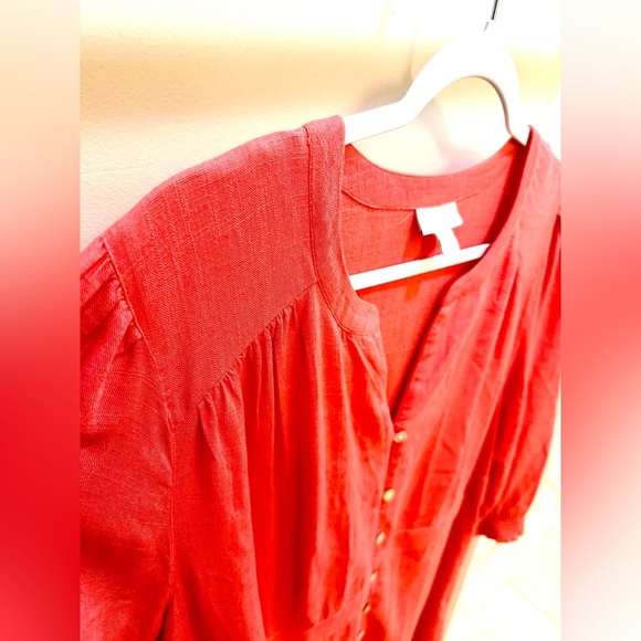 J Jill Linen Blend Button Front Midi Dress with Smocked Cuffs in Guava Size L - Picture 7 of 9